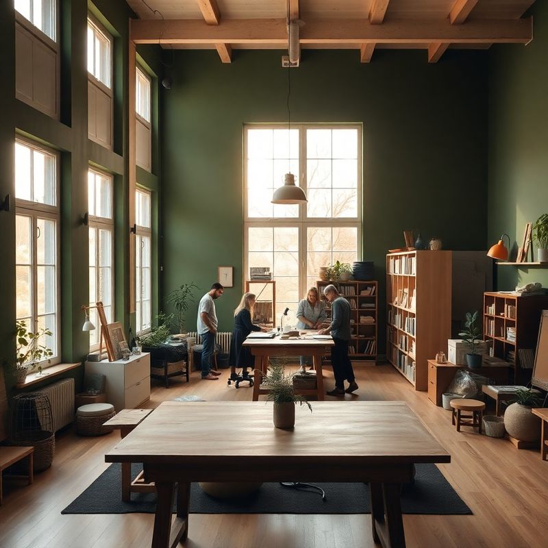 Interior cald al atelierului Nou Studio din Sibiu, cu pereți verde-pădure și oameni adunați la masa de lucru