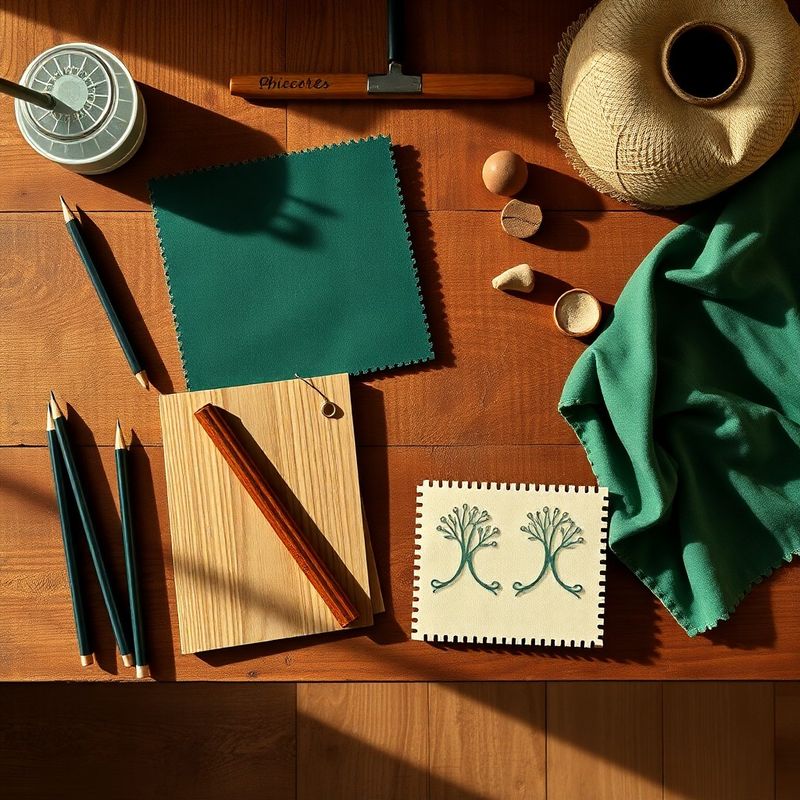 Flat-lay cu unelte de design — creioane, mostre de lemn și textile în nuanțe de verde-pădure și crem — pe o masă de stejar
