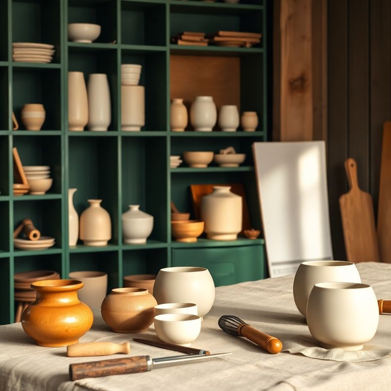 Detaliu din interiorul studioului: rafturi verzi, vase ceramice crem și unelte de mână pe o suprafață de in natural