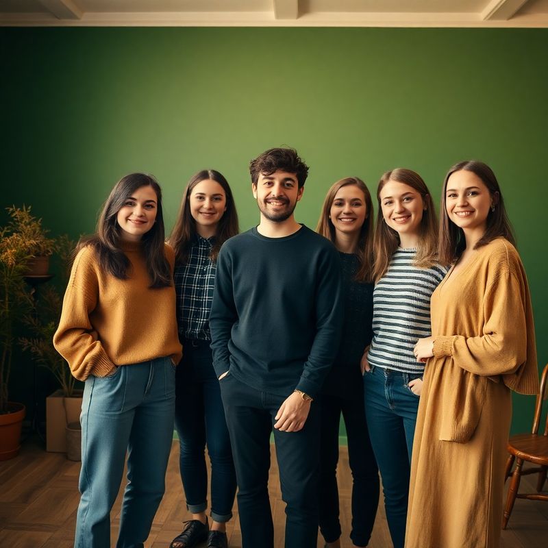 Portret de grup al celor cinci membri ai echipei Nou Studio într-un interior verde-pădure și crem